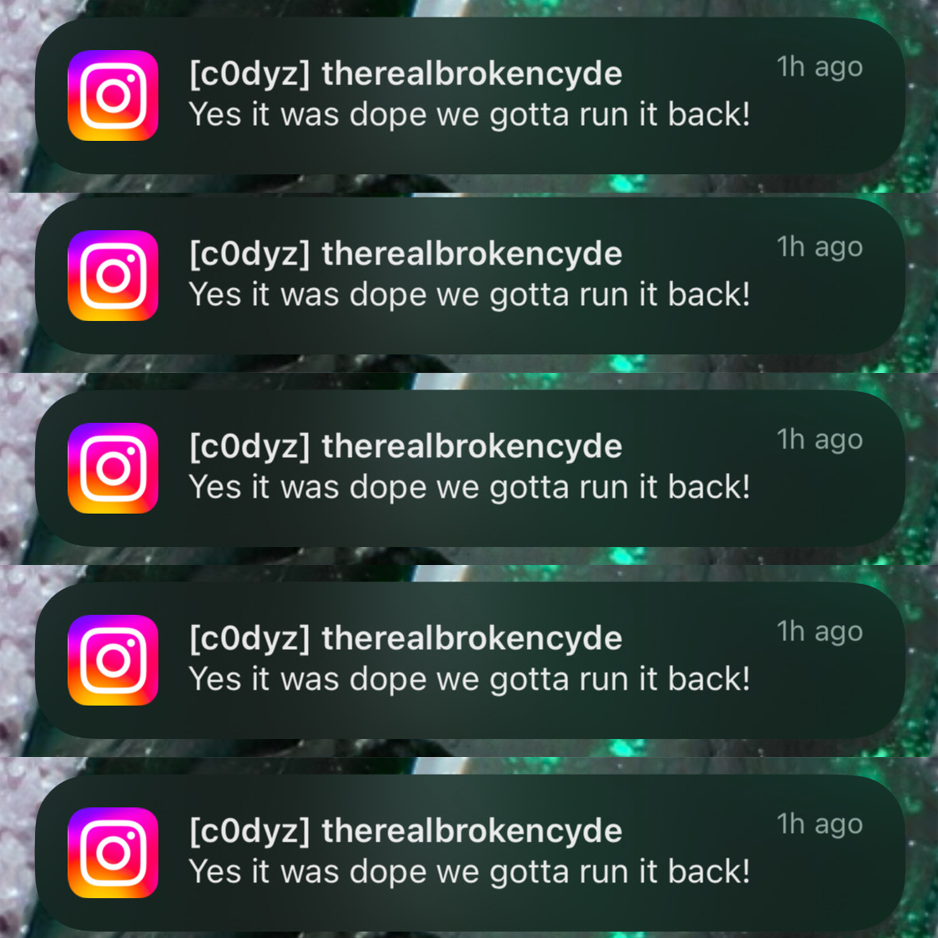 A screenshot of the band Brokencyde DMing Cody that they should play together again after Club Ecology opened for them at Trans-Pecos