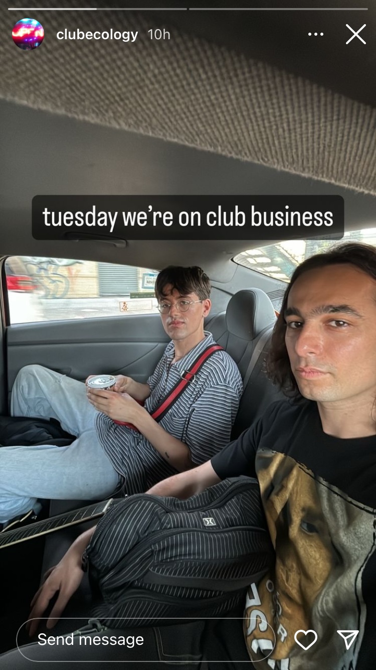 a clubecology instagram story that says 'tuesday were on club business'