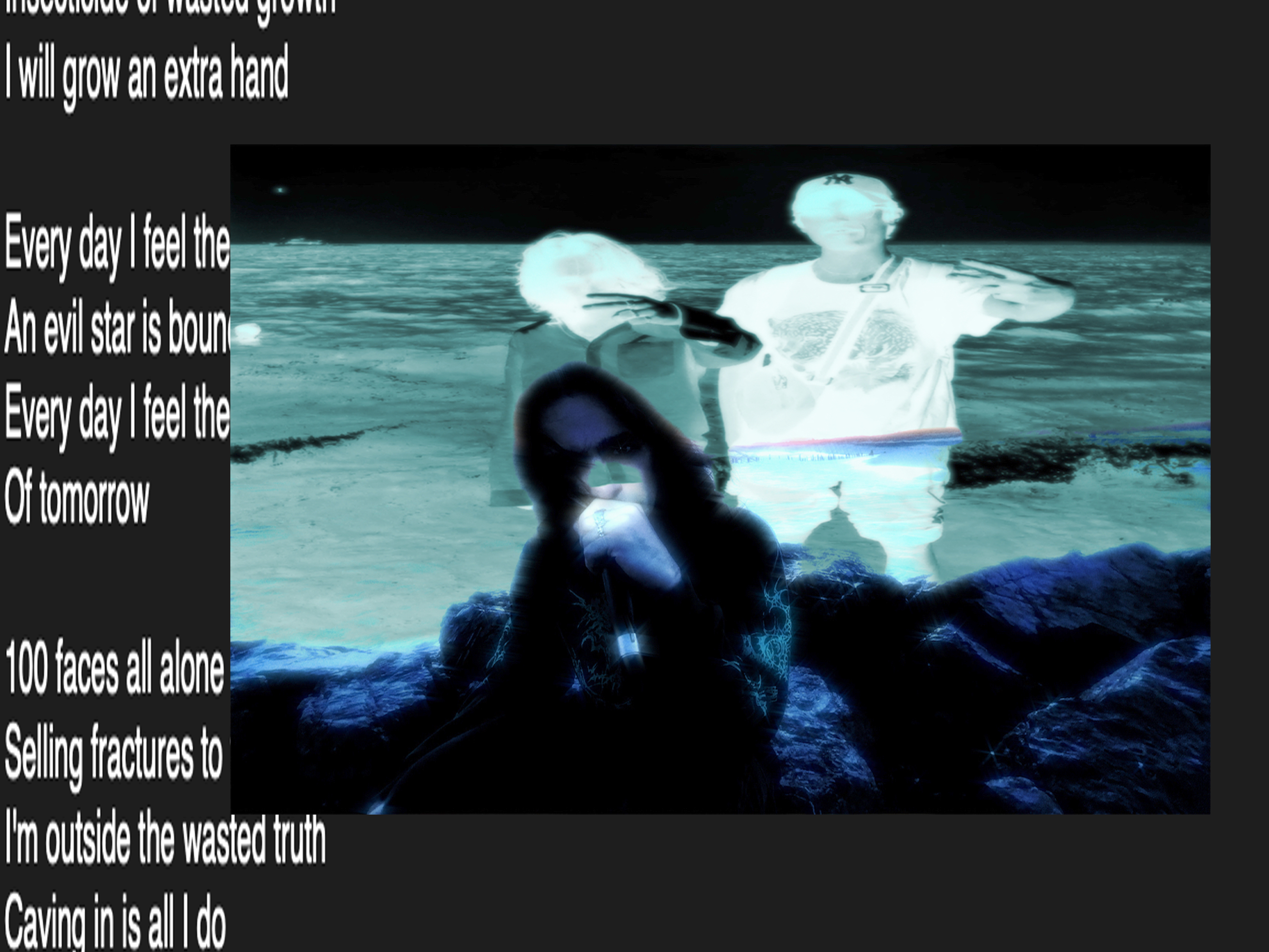An artful collage of a frame from the Evil Star music video showing Cody overlayed with lyrics from the song