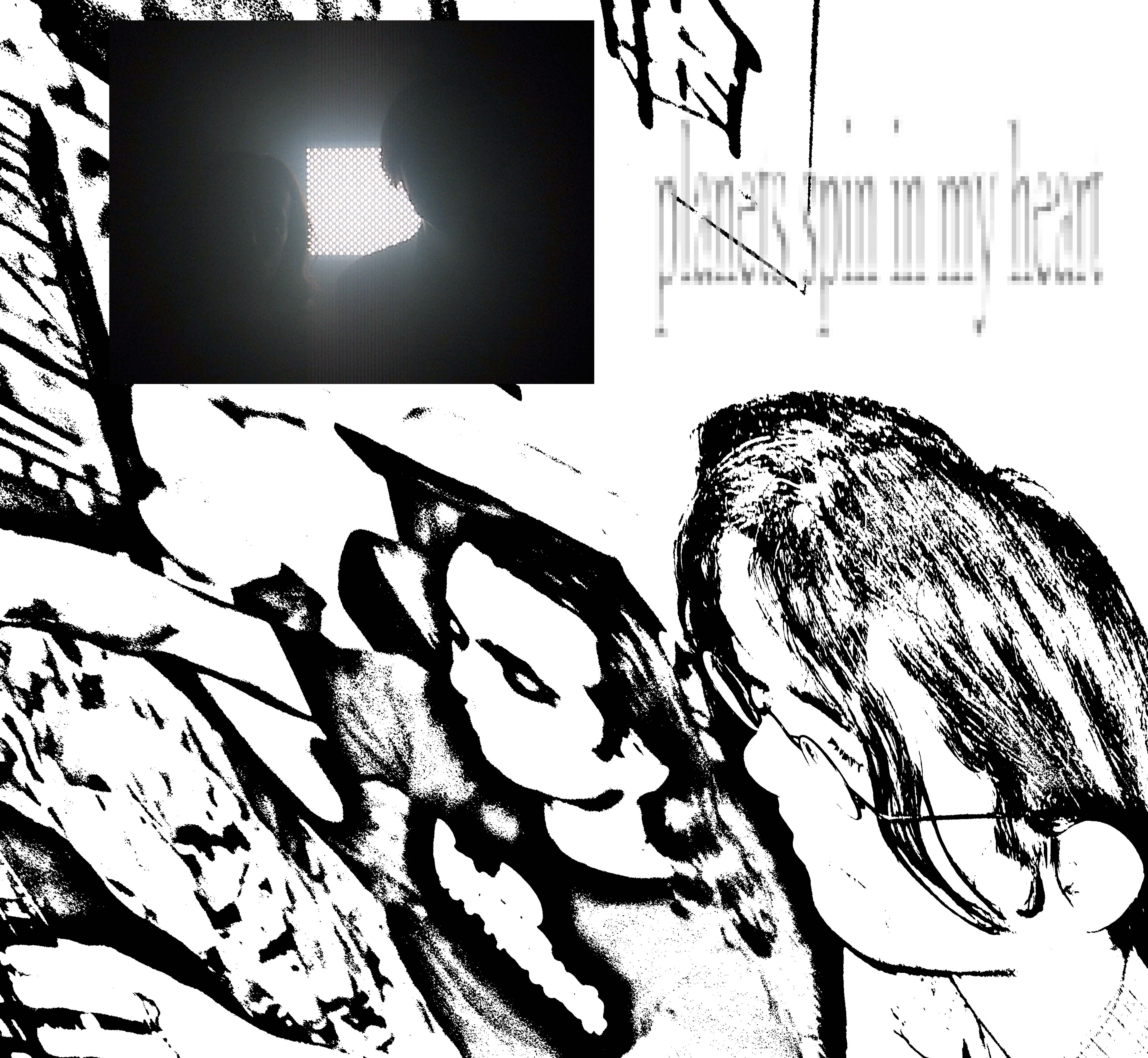 A lo-fi image collage showing PJ and Cody warped and in a hand drawn look from the release of planets with pixellated text saying 'planets spin in your heart'